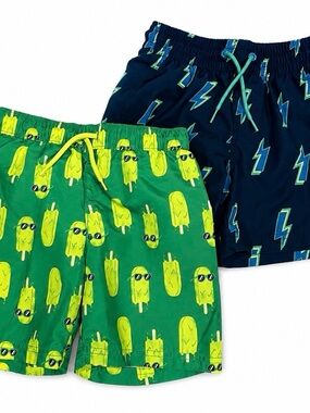 Old Navy Boys Neon Green Popsicle & Navy Lightning Swim Shorts - Size 5.  EUC